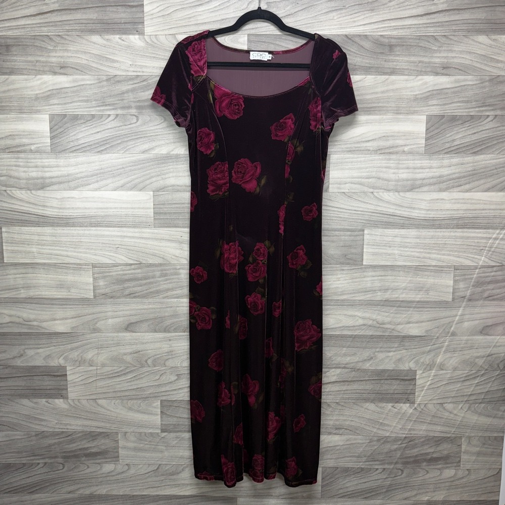 Vintage CDC Velvet Midi Dress Women's 8 Petites Burgundy Rose Print Cap Sleeve